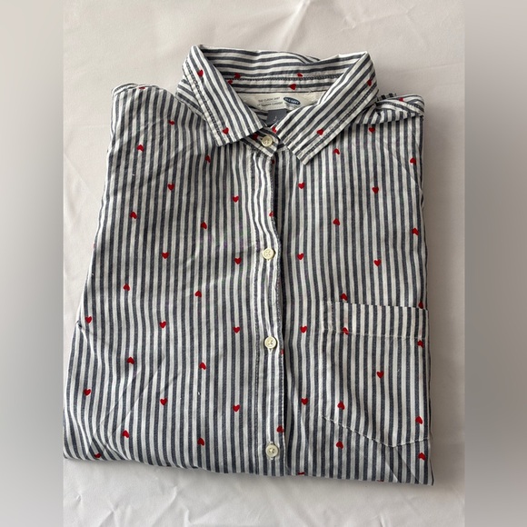 Old Navy Classic Collared LS Shirt Gray White Striped w/ Heart Pattern Women’s L - Picture 8 of 13